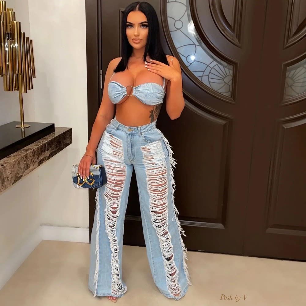 2023 Women's Sexy Tassel Denim 2 Piece Set: Crop Top + Wide Leg Pants